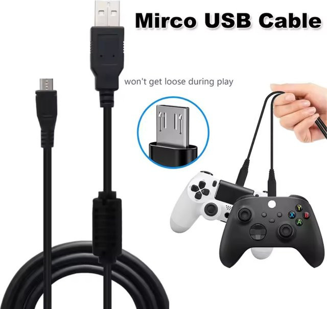 Gryan USB Ladekabel für PS4 und Xbox Controller, Datenkabel für Gamepads, Schwarz, Länge: 1,8 m bis 3 m - Bild 1