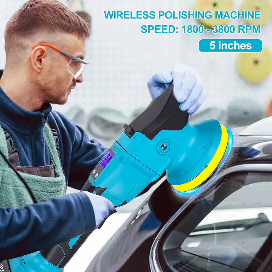 OWJHE Kabelloser elektrischer Autopolierer mit 6-Gang Digital-Display in Blau, kompatibel mit Makita 18V Akku - Bild 5
