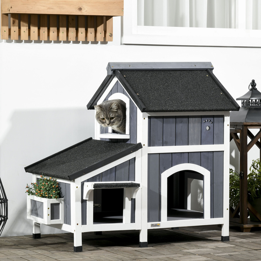PawHut Katzenhaus aus grau lackiertem Tannenholz mit mehreren Eingängen und wetterfestem Asphaltdach, B/H/T: 65 x 96 x 85,5 cm - Bild 2