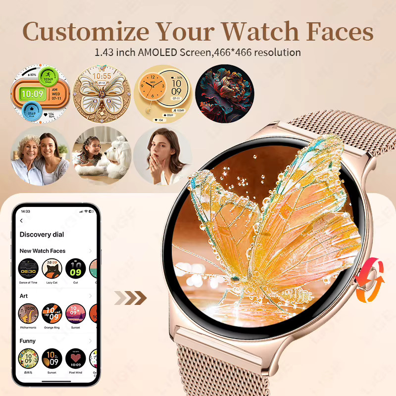 LIGE Ultradünne Smartwatch für Damen und Herren mit 1,43 Zoll AMOLED-Display, Bluetooth-Anruffunktion und Gesundheits-Tracker, wasserdicht, in Pink/Gold - Bild 2