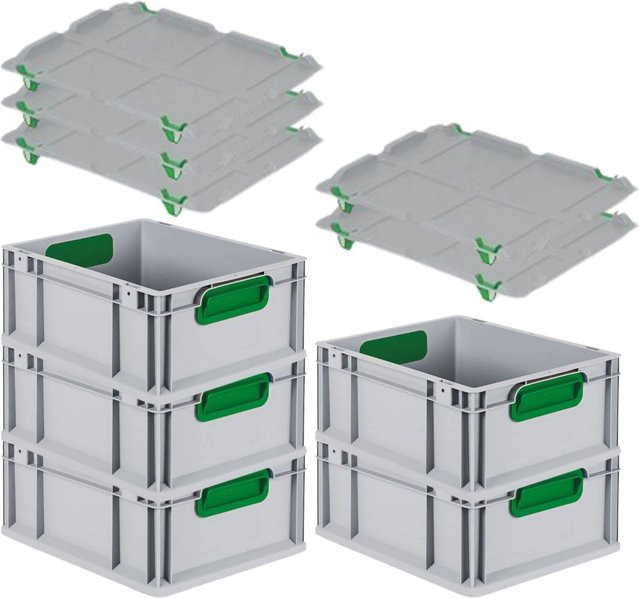 PROREGAL Spar Set 5x Eurobox Nextgen Color mit Auflagedeckel und Schiebeschnappverschlüssen, Grün, H: 17 cm, B: 30 cm, T: 40 cm - Bild 1