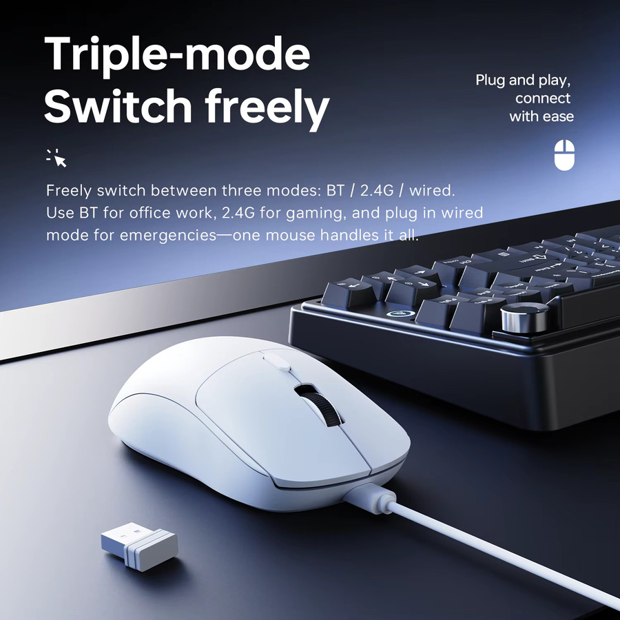 AJAZZ NJ08 V2 Tri-Mode Gaming- und Büro-Maus in Weiß mit integriertem Bildschirm für kleine Hände - Bild 3