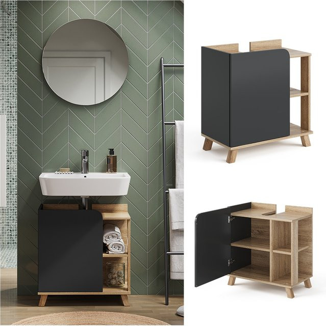 Vicco Waschbeckenunterschrank Karen Modern in Sonoma und Anthrazit mit Tür und offenen Fächern B: 60 cm, H: 65 cm - Bild 1