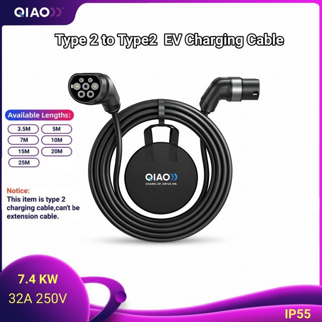 QIAO EV-Ladekabel Typ 2 auf Typ 2, 7,4 kW 32A, schwarz, 3,5 m Länge - Bild 1