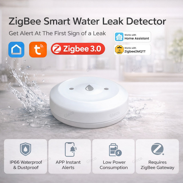 Coolo Zigbee Wasserlecksensor zur Überschwemmungsdetektion in Weiß, kompatibel mit Tuya Smart Life und Zigbee2mqtt für Küche und Badezimmer - Bild 1