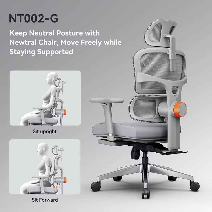 Ergonomischer Bürostuhl NEWTRAL NT002 in Grau mit adaptiver Lendenwirbelstütze, Fußstütze und 4-fach verstellbarer Rückenlehne, Armlehnen sowie Kopfstütze - Bild 3