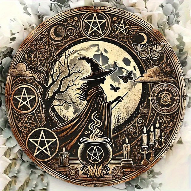 Potdemiel Retro Hexen Wandkunst aus Aluminium in Gold, runde Metall-Wanddekoration mit Kessel- und Mond-Design, Durchmesser: 20 cm - Bild 1