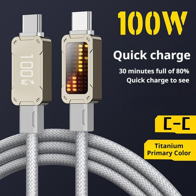 USB-C auf USB-C Schnellladekabel mit 100 W LED-Digitalanzeige in Weiß für Samsung, Xiaomi, Redmi und Huawei - Bild 1