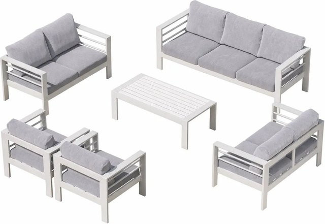 MeXo Gartenmöbel Set aus pulverbeschichtetem Aluminium in Weiß für 9 Personen mit Polsterung und UV-beständigen Kissen - Bild 1