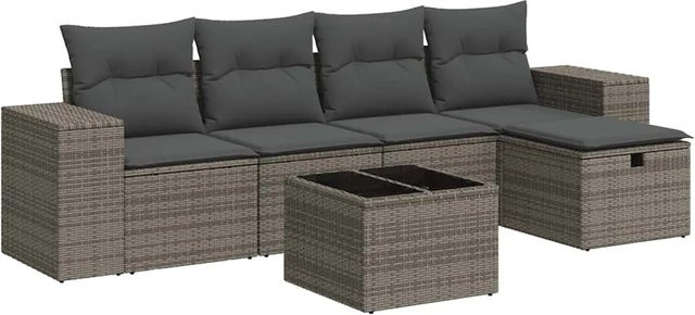 vidaXL 6-tlg. Garten-Sofagarnitur in Grau mit Kissen aus Poly-Rattan und Metallgestell - Bild 1