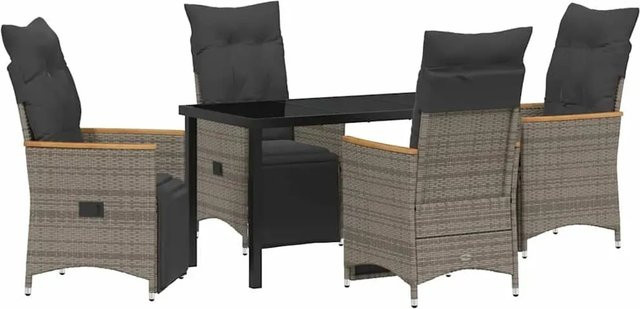 vidaXL Garten Essgruppe aus Poly Rattan und Stahl mit Kissen und Sicherheitsglas in Grau, 5-teilig - Bild 1