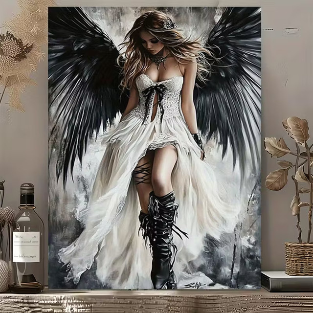 KAYOU Diamantmalerei Dark Angel Fantasy Wandbild mit Gothic Black Wings und Female in White Dress, Schwarz-Weiß, B/H: 30,0 x 20,0 cm - Bild 1