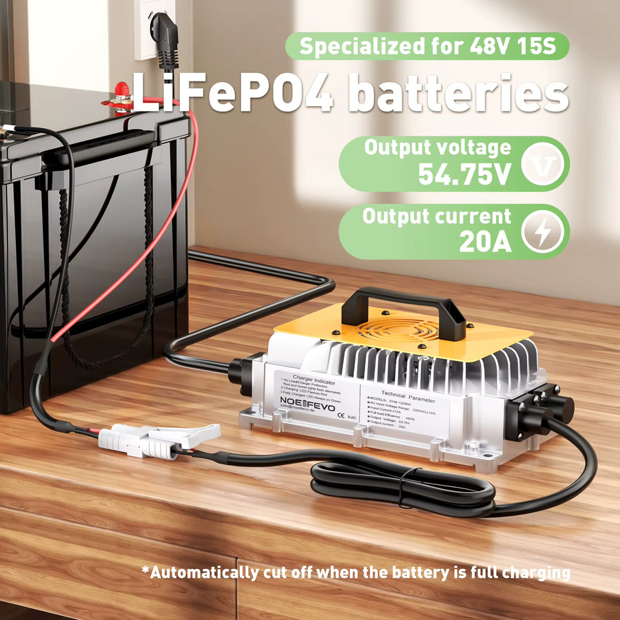NOEIFEVO LiFePO4-Batterieladegerät für 48V 15S Lithium-Batterien, 54,75V 30A 20A, wasserdicht mit 0V BMS-Aktivierung und automatischer Abschaltung, Farbe: Silber - Bild 2