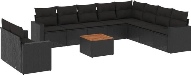 vidaXL 11-tlg Garten-Sofagarnitur aus Poly-Rattan und Akazienholz in Schwarz mit Kissen Modell 43 - Bild 1