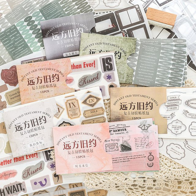 15 Stück Retro Washi Aufkleber mit nostalgischen literarischen Mustern in Multicolour für dein Tagebuch und DIY-Collagen - Bild 1
