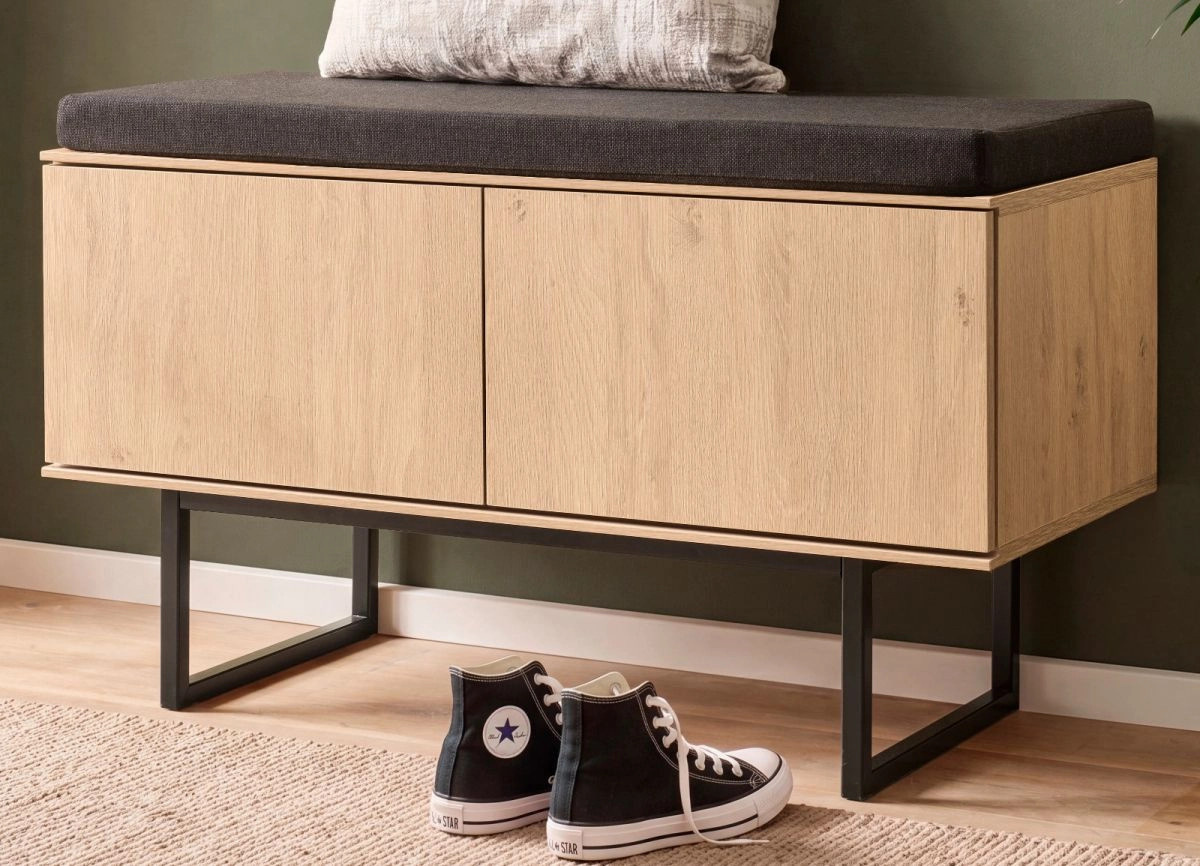 Garderobe Sitzbank Breda Schuhschrank in Eiche mit beige Stoffpolsterung, Breite: 90 cm - Bild 1