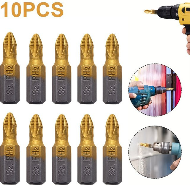 10 Stück PH2 magnetische Schraubendreher-Bits aus Titanlegierung und Chrom-Vanadium-Stahl in Gold, Länge: 25 mm - Bild 1