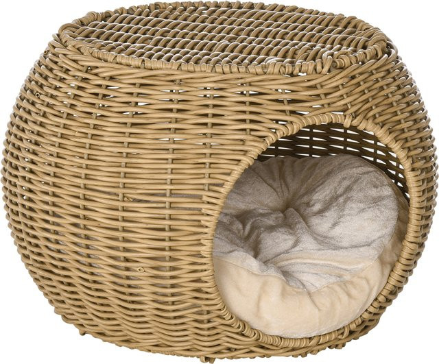 PawHut Katzenkorb aus Rattan in Hellbraun mit Kissen und Vordertür, zweistöckiges Katzenbett und Katzenhöhle für Katzen unter 3,5 kg, Aosom - Bild 1