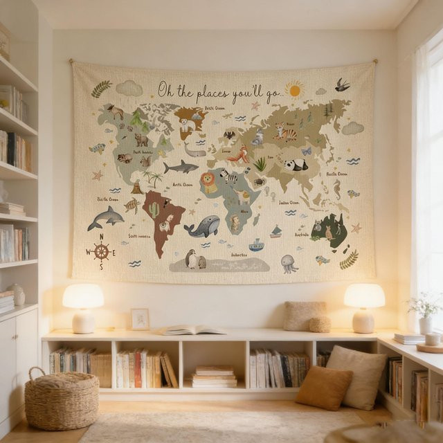 Bunter Tier-Weltkarte Wandteppich von JMG Household Supplies als pädagogisches Wandbanner für Kinderzimmer und Klassenzimmer, Farbe: Mehrfarbig, Breite: 40 cm, Höhe: 60 cm - Bild 1