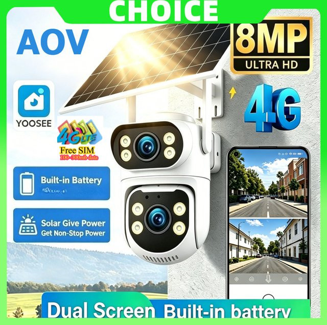 Yoosee 4G Solar-Sicherheitskamera mit Dual-Screen und 4K Auflösung, kabellose CCTV Überwachung in Weiß, ohne WLAN erforderlich - Bild 1