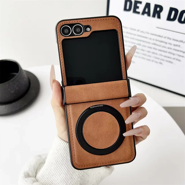 Magnetische Schutzhülle mit rotierender Scharnierabdeckung aus Leder für Samsung Galaxy Z Flip 7, 6, 5, 4, 3 in Schwarz - Bild 1