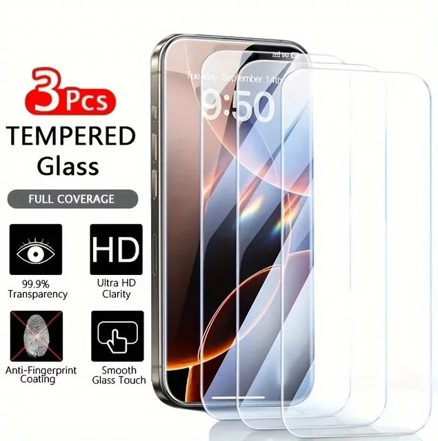 3er Pack Displayschutzfolie aus gehärtetem Glas für Apple iPhone 16 15 14 13 12 11 Pro Max, transparent, HD-Klarheit und Anti-Fingerabdruck - Bild 1