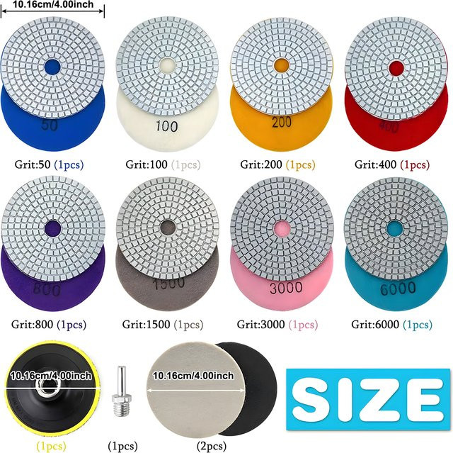 Podofo 12-teiliges Diamant-Polierpad-Set für Nass- und Trockenpolieren, 4 Zoll, Körnung 50-8000, Multicolor, inklusive M14-Trägerplatte für Granit, Marmor, Beton, Stein und Fliesen - Bild 1
