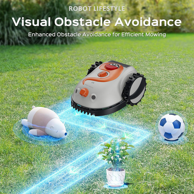 Intelligenter kabelloser Roboter-Rasenmäher von Robot lifestyle in Grau und Orange mit visuellem Sensor, abnehmbarem 4,0 Ah Akku und ohne Begrenzungsdraht für kleine Gärten bis 200 m2 - Bild 1