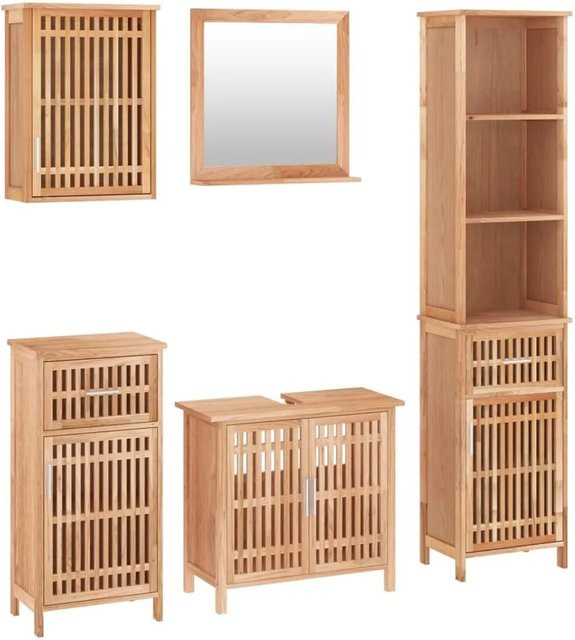 vidaXL 5-tlg. Badmöbel-Set aus Massivholz Nussbaum in Braun, bestehend aus Hochschrank, Standschrank, Wandschrank, Waschbeckenunterschrank und Spiegel - Bild 1