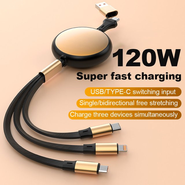 OIITH 3 in 2 USB-C und Micro-USB Ladekabel, 120W Schnellladekabel, einziehbar und tragbar, Schwarz oder Weiß - Bild 1