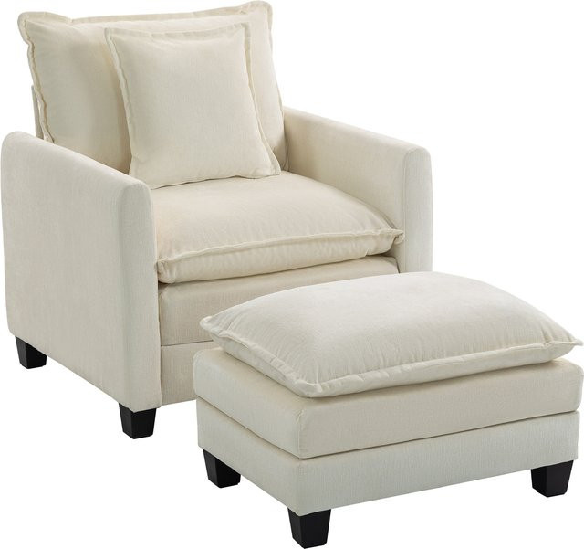 HOMCOM Wohnzimmer-Sessel mit Fußhocker aus Chenille in Creme, moderner 1-Sitzer mit Federkernkissen und breiter Sitzfläche - Bild 1