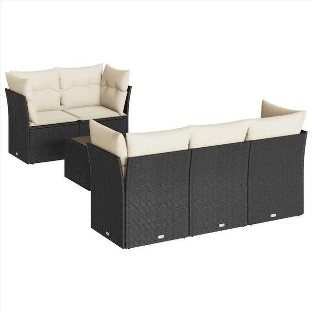vidaXL 6-teilige Garten-Sofagarnitur in L-Form aus schwarzem PE-Rattan mit cremeweißen Kissen und Gartentisch - Bild 1