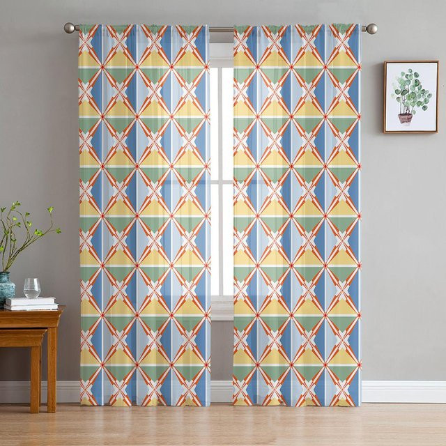 Super Six Transparenter Voile Vorhang mit kariertem geometrischem Webart aus Chiffon, Mehrfarbig, Breite: 135 cm, Höhe: 114 cm - Bild 1