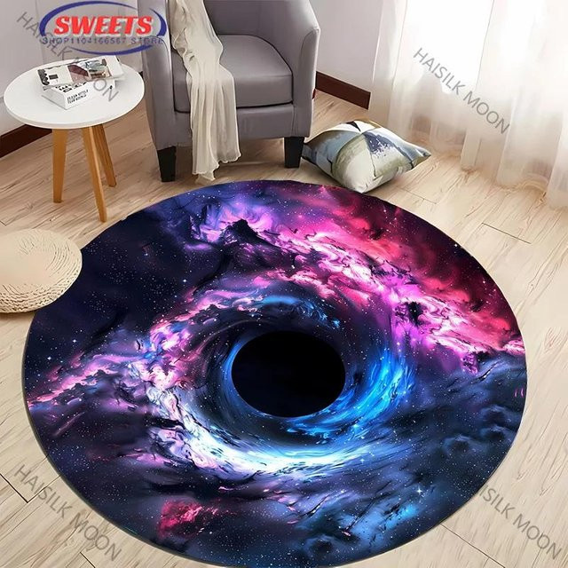 Runder Teppich Karpetti mit 3D HD Kosmisches Schwarzes Loch Druck, Rutschfest und Strapazierfähig, Durchmesser: 60 cm, Schwarz/Mehrfarbig - Bild 1