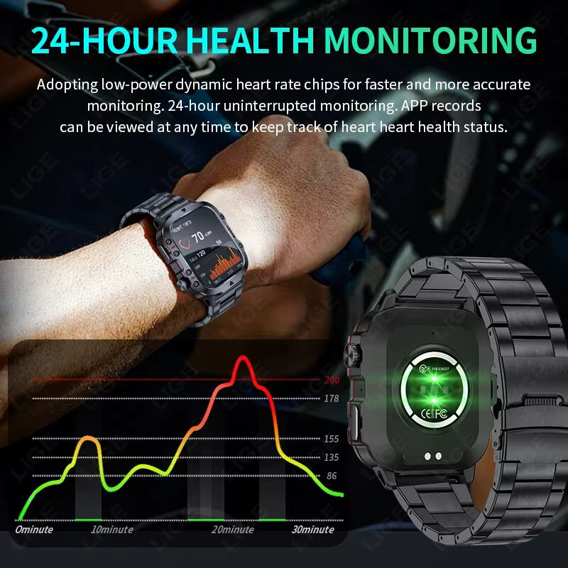 LIGE Smartwatch für Herren mit 1,96 Zoll Display, Bluetooth Anruf und Sprachassistent, Wasserdicht, Schwarz - Bild 2