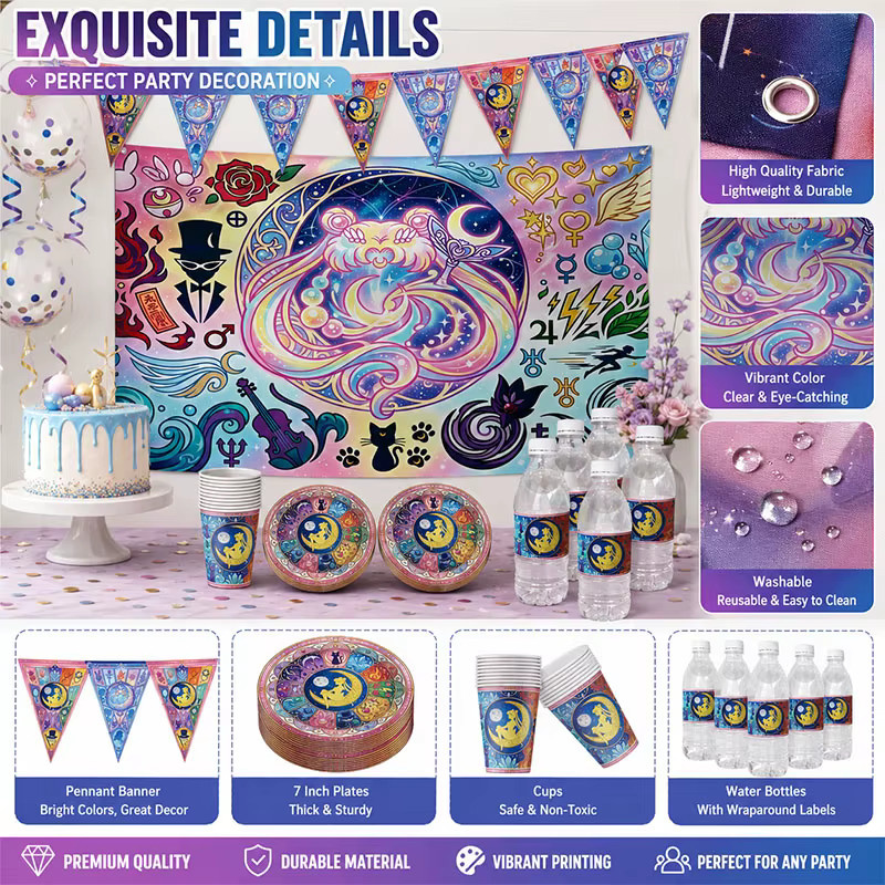 Sailor Moon Party-Set mit bunten Papptellern, Bechern und Strohhalmen im Cartoon-Stil - Bild 2