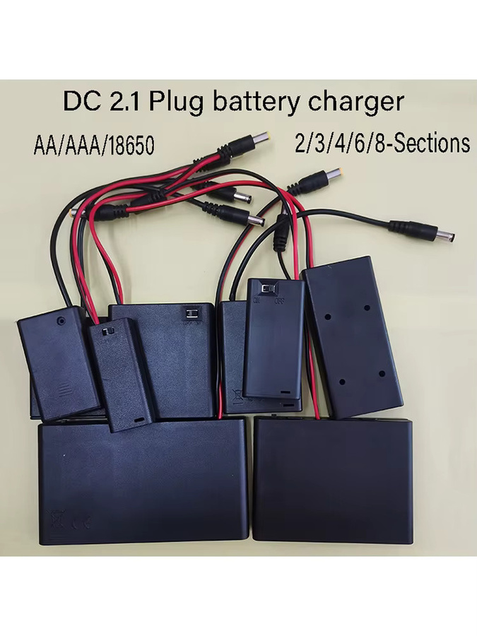 ChengHaoRan Tragbare Batterieladebox mit Deckel und Schalter für AA, AAA und 18650 Akkus, Schwarz, 5,5 x 2,1 mm DC-Stecker - Bild 2