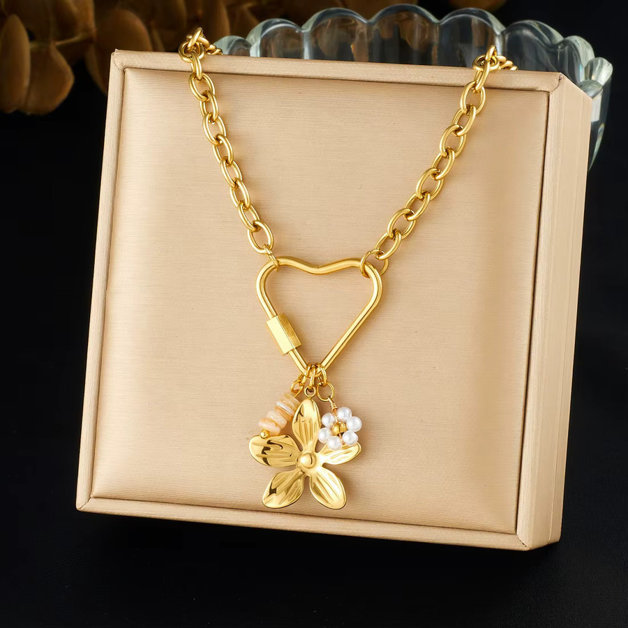 xiyanike Halskette mit Herz Perle Blume Anhänger, Edelstahl, Gold, Damen - Bild 3