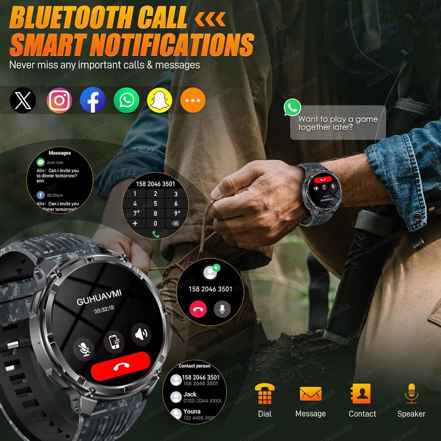 KAVSUMI T-Rex 3 Ultra Smartwatch für Männer mit 1,7 Zoll AMOLED Display, 5ATM Wasserdichtigkeit, Bluetooth Anruffunktion, Kompass und LED Taschenlampe, 1100 mAh Akku, Grau/Schwarz - Bild 6