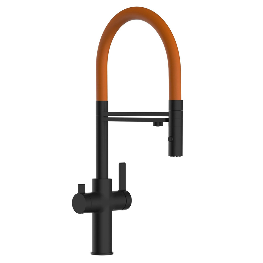VIZIO Küchenarmatur mit 3-Wege-Wasserhahn, Niederdruck-Einhebelmischer mit 360° schwenkbarem Auslauf und abnehmbarer 2-Strahl-Handbrause, Schwarz Matt mit Orange - Bild 2