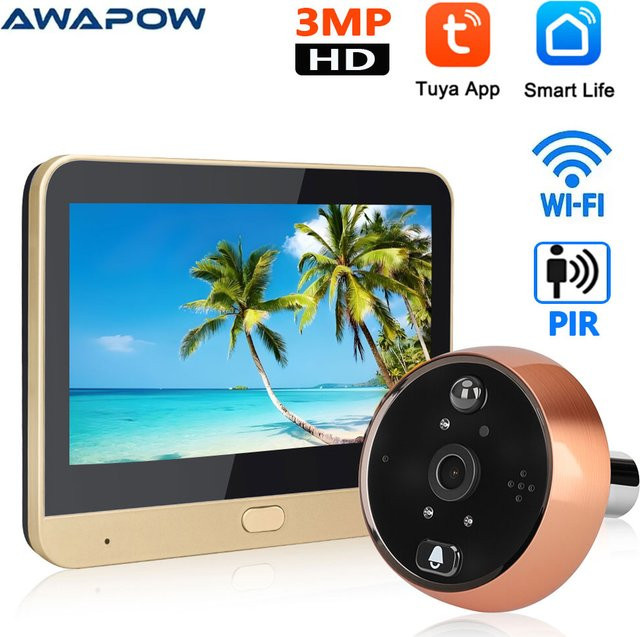 Awapow Smart Home Video Intercom Türklingel mit 3MP Tuya Guckloch Kamera, 1080P Auflösung und PIR Erkennung via Wifi - Bild 1