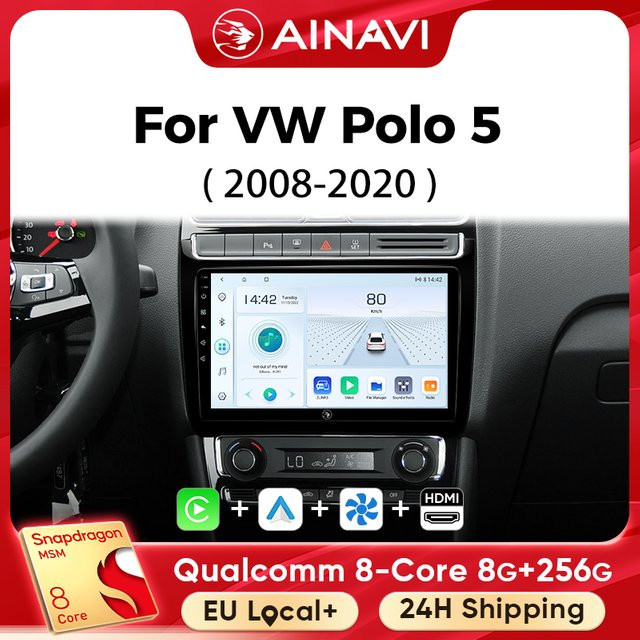 Ainavi Auto-Multimedia-Player für VW Volkswagen Polo 5 mit Wireless Carplay, Android Auto, 4G und Wifi in Schwarz - Bild 1