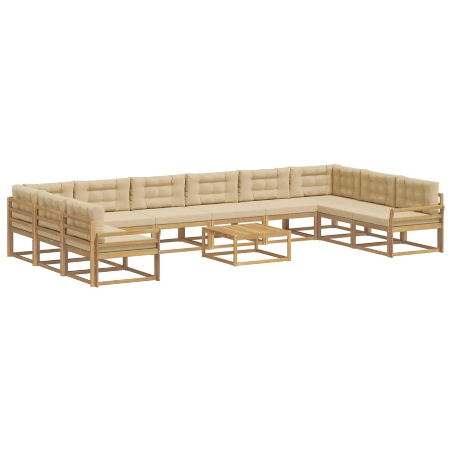 vidaXL Outdoor-Sofagarnitur in U-Form aus massivem Akazienholz mit 11 Kissen in Weiß und Beige - Bild 2