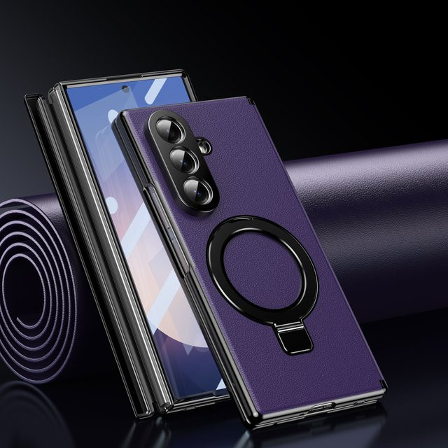 MagSafe Magnetische Handyhülle mit Lederscharnierhalterung und Vollbild-Glas-Schutz für Samsung Galaxy Z Fold 7, 6, 5, 4, 3 in Blau oder Lila - Bild 1