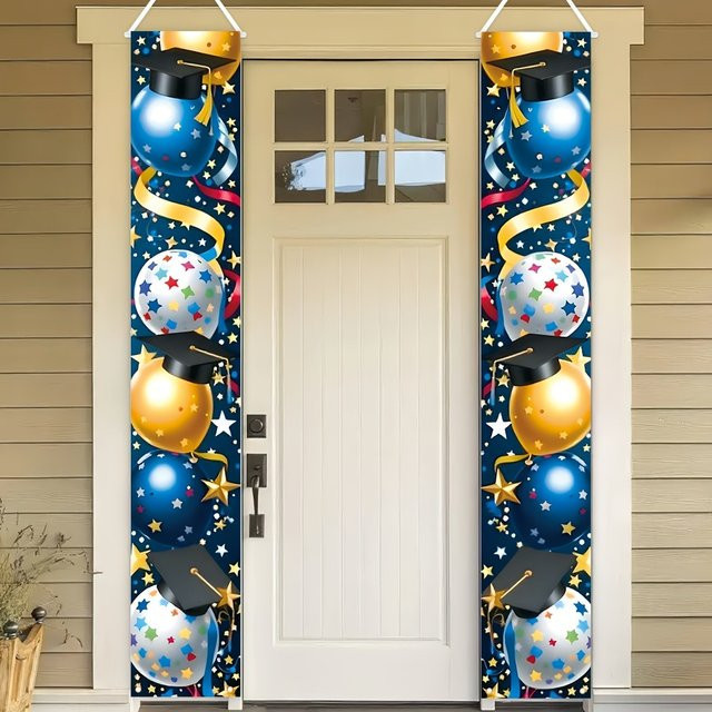 OURFETE Abschluss-Türbanner mit Abschlusskappe und Ballon-Motiv in Blau-Gold für deine Abschlussfeier 2026, B: 30 cm, H: 180 cm, T: 30 cm - Bild 1