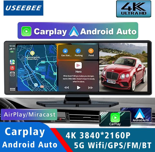USEEBEE 4K Dash Cam mit Carplay und Android Auto, Dual Objektiv, GPS, 5G WIFI, Bluetooth und FM Transmitter, Schwarz - Bild 1