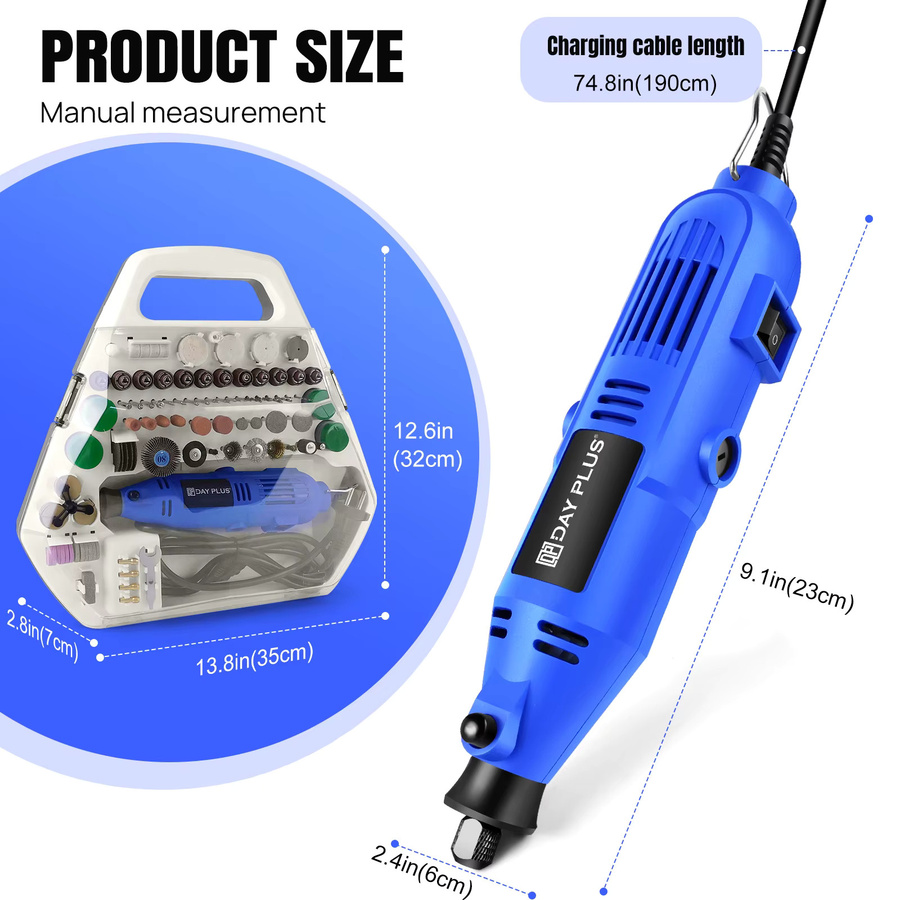 DayPlus Mini-Elektroschleifer Rotationswerkzeug in Blau mit 135 W Leistung, variable Geschwindigkeit 10000–32000 U/min und 252-teiligem Zubehörset für Holz, Metall und Bastelarbeiten - Bild 4