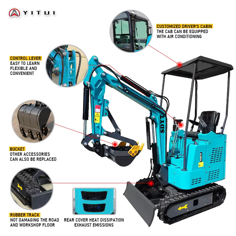 YITUI Mini-Bagger Raupenbagger mit Hydraulikantrieb und Kabine in Blau - Bild 6