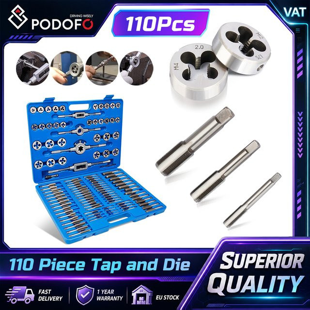 Podofo 110-teiliges Gewindebohrer- und Schneideisen-Set aus Titanlegierungsstahl mit Aufbewahrungsbox für die Metallbearbeitung und Kfz-Reparatur - Bild 1