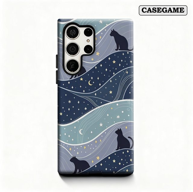 Stoßfeste Starry Night Cats Handyhülle für Samsung Galaxy S25 Ultra, S24 und S23 Ultra Plus in Blau mit doppellagiger Rückseite - Bild 1
